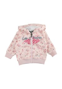Sweat à capuche rose zippé avec un motif floral, poignets et ourlet côtelés, avec le texte "Lee Cooper" et un design en forme de cœur. Confectionné dans un tissu doux et confortable.