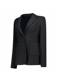 Blazer nero con colletto a punta, chiusura con un bottone e due tasche frontali a soffietto. Tessuto testurizzato e vestibilità su misura.