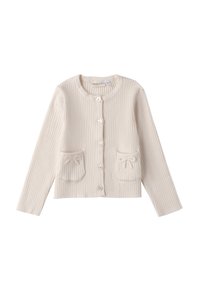 Cardigan a coste crema con maniche lunghe, due tasche frontali e bottoni a forma di fiore. Presenta fiocchi sulle tasche per un tocco di eleganza.