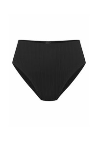 Czarne majtki kąpielowe o wysokim stanie, wykonane z materiału w prążki, z elastycznym pasem i gładką strukturą dla komfortu.