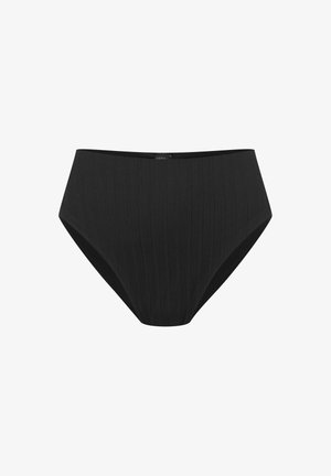 Czarne majtki kąpielowe o wysokim stanie, wykonane z materiału w prążki, z elastycznym pasem i gładką strukturą dla komfortu.