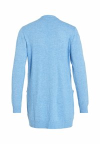 Heleda sinine kardigan pehmest kudumiskangast. Omab pikki varrukaid, ümarat kaelust ja kahte küljetaskut. Ribiga ääristamine allservas ja varrukate otsades.