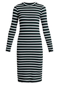 Langärmliges, enganliegendes Kleid aus geripptem Stoff mit vertikalen schwarz-weißen Streifen. Runder Ausschnitt und knielange Länge.