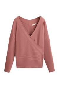 Brushed knit sweater in dusty rose, featuring a deep V-neck, ribbed texture, long sleeves, and a wrap design. Accented with horizontal stripes.