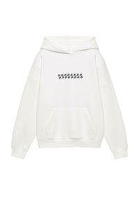 Felpa con cappuccio bianca con una fila centrale di stelle nere, una tasca a marsupio frontale e un cappuccio con coulisse. Tessuto morbido con una texture liscia.