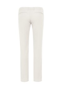 Hellgraue Hose aus weichem Stoff, mit geradem Bein, zwei Gesäßtaschen und dezenten Nahtdetails.