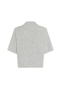 Short-sleeved, gray knit sweater with a ribbed texture and a slightly raised collar. Features an oversized fit with no visible fastenings.