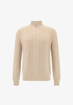 Beige strikket sweater med høj krave og flettet mønster. Har ribbede manchetter og kant, hvilket giver et struktureret og hyggeligt udseende.