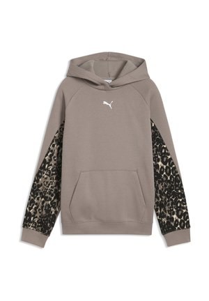 Taupe hættetrøje med frontlomme, hvid Puma-logo på brystet og leopardprintpaneler på ærmerne mod en hvid baggrund.