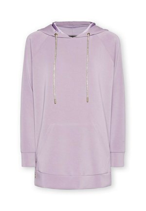 Felpa con cappuccio lilla con tasca frontale, coulisse argento e polsini a coste. Presenta una vestibilità comoda e una texture del tessuto liscia.