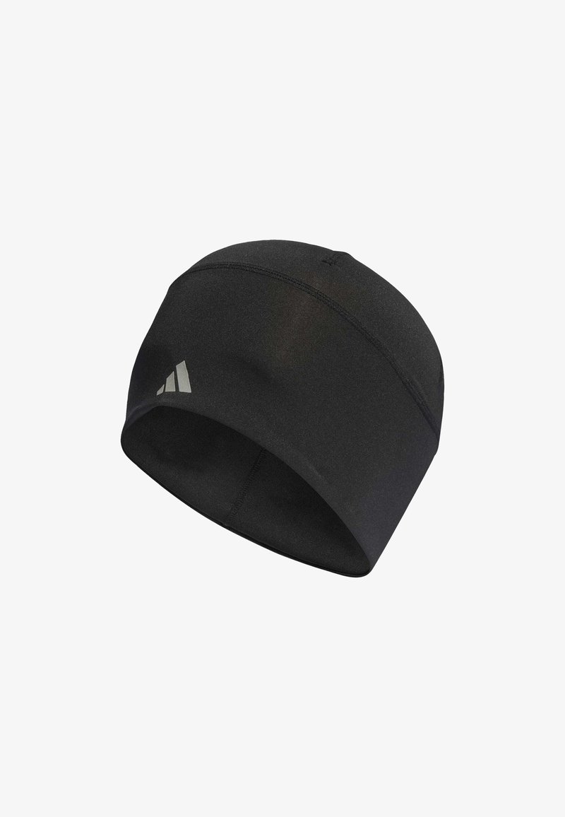 Diadema de tejido de punto negro con una textura suave, que presenta un pequeño logo gris en un lado y un diseño redondeado para un ajuste seguro.