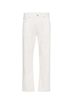 Jeans in denim bianco con taglio dritto, design a cinque tasche e cuciture in evidenza. Presentano una chiusura con bottone e passanti per cintura.