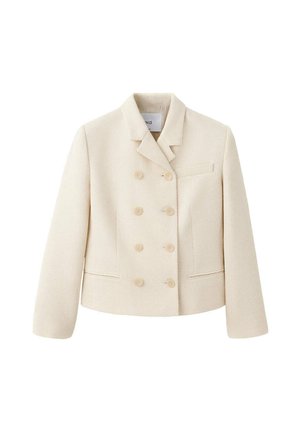 Blazer de lana color crema de doble botonadura con seis botones, solapa con muesca y dos bolsillos frontales, mostrado sobre fondo blanco.