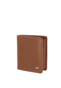 Portefeuille bifold en cuir marron avec des coutures visibles et un petit logo argenté sur le coin avant, présenté fermé sur fond blanc.