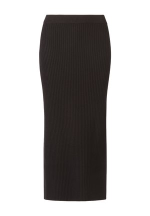 Skirt de midi negra con nervaduras y silueta ajustada, con una cinturilla ancha y textura vertical en toda su superficie.