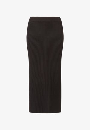Schwarzer, gerippter Midi-Rock mit einer taillierten Silhouette, der einen breiten Bund und vertikale Textur aufweist.