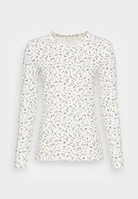 Wit langarmig shirt met een bloemenprint in blauw en bruin. Heeft een ronde halslijn en een zachte, aansluitende pasvorm.