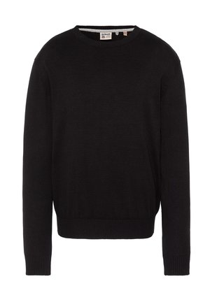 Pull noir à manches longues et col rond avec poignets et ourlet côtelés, texture tricotée, présenté sur un fond blanc uni.