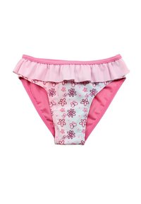Bas de maillot de bain rose avec une taille froncée, composé d'un tissu blanc orné de motifs floraux roses et d'une texture lisse.