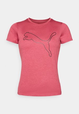 T-shirt rose à manches courtes avec un col rond, fabriqué en tissu doux. Présente un contour noir d'un logo de puma en saut sur le devant.
