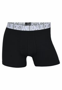 Zwarte boxershorts van katoen met een grijze tailleband waarin de tekst "CRISTIANO RONALDO" in een vetgedrukt lettertype is weergegeven.