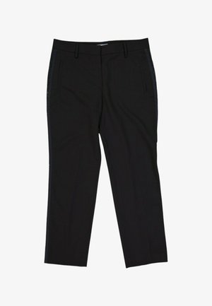 Pantalones negros de pierna recta con bolsillos laterales y trabillas, diseñados para un ajuste entallado.