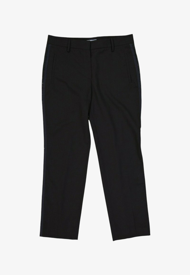 Pantalon noir droit avec poches latérales et passants de ceinture, conçu pour une coupe ajustée.