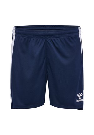 Navy blue athletic shorts made of lightweight fabric, featuring white side stripes and a logo on the lower right. Elastic waistband included.