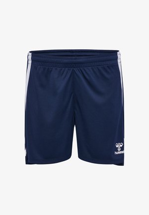 Calções atléticos azul marinho feitos de tecido leve, com listras brancas nas laterais e um logótipo na parte inferior direita. Inclui um cós elástico.