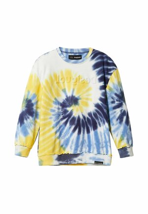 Sudadera de manga larga con cuello redondo, con patrón espiral tie-dye en amarillo, azul y blanco, y logo de la marca en relieve sutil en el pecho.