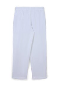 Weiße, leichte Stoffhosen mit elastischem Bund und schmal zulaufendem Bein. Glatte Textur mit geradem Schnitt und ohne sichtbare Muster.