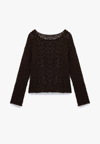 Brun, strikket sweater med en blonderet mønster, lange ærmer og en bred halsudskæring, der har et let cropped design og struktureret finish.