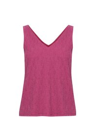 V-hals ærmeløs top i tekstureret fuchsia stof, der har et subtilt stribemønster og rundet kant. Blødt, let materiale.