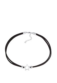 Black suede choker with two strands, featuring a silver star pendant and round silver accents. Adjustable closure with a chain extension.