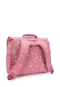 Zaino rosa con motivi di stelle e comete bianchi, spallacci imbottiti e una maniglia superiore, mostrato da dietro su uno sfondo bianco.