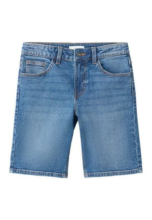 Modré rifľové šortky s piatimi vreckami, zapínaním na gombík a slučkami na opasok, zobrazené na bielom pozadí.