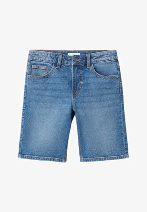 Blaue Jeansshorts mit fünf Taschen, Knopfverschluss und Gürtelschlaufen, flach liegend vor weißem Hintergrund gezeigt.