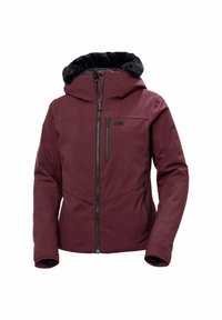 Giacca impermeabile in color bordeaux con un esterno testurizzato, un cappuccio in pile nero morbido e foderato, tasche frontali con zip e un design elegante.