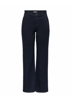 Jeans bleu foncé coupe droite taille haute avec fermeture par bouton et fermeture éclair, passants pour ceinture et poches latérales, présentés sur fond blanc.