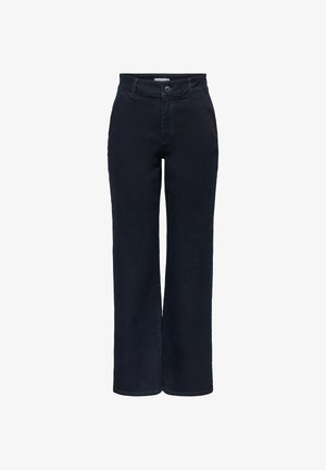 Jeans de pierna recta de tiro alto en azul oscuro con cierre de botón y cremallera, trabillas para cinturón y bolsillos laterales, exhibidos sobre un fondo blanco.