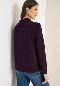 Bordeauxroter Pullover mit Kragen, langen Ärmeln und legerer Passform, kombiniert mit hellblauen Jeans, von hinten gezeigt.