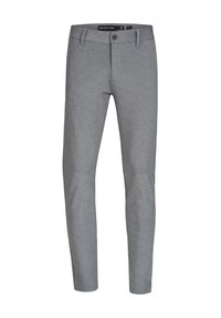 Gray cotton blend trousers with a slim fit, featuring front pockets and a single button closure. Smooth texture, casual design.