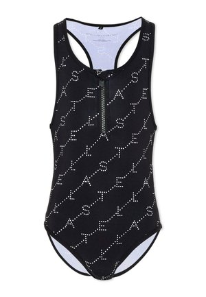 Czarny jednoczęściowy kostium kąpielowy bez rękawów, z przednim zamkiem błyskawicznym i białym wzorem w kropki układającym się ukośnie w napis "Stella McCartney" na tkaninie.
