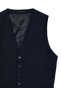 Marineblaue Weste in taillierter Form, mit V-Ausschnitt, fünf Knöpfen, einer Tasche und glatter Innenauskleidung. Hergestellt aus einem strukturierten Stoff.
