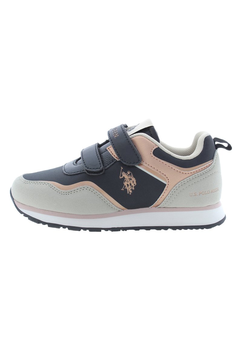 Tenisky U.S. Polo Assn. v námořnické modré, béžové a růžové barevné kombinaci, s páskem na suchý zip, texturovanými materiály a detailem loga.