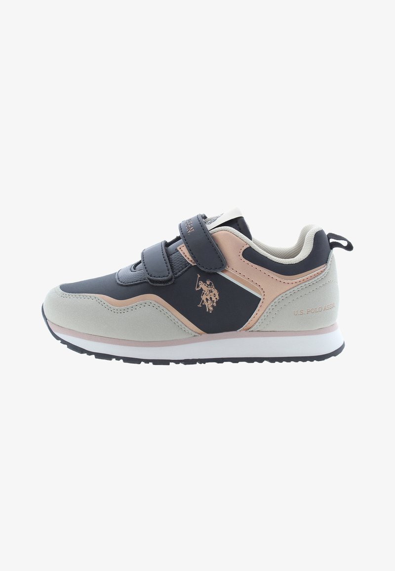 U.S. Polo Assn. sneakers with a navy, beige, and pink color scheme, featuring a hook-and-loop strap, textured materials, and logo detail.