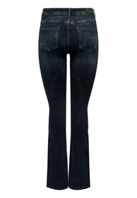 Jeans flare in denim nero con vita a media altezza, cinque tasche e leggero sbiadimento. Include una piccola etichetta con logo sulla cintura posteriore.