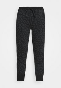 Pantalones jogger negros con un sutil estampado de leopardo. Cuentan con una cintura ajustable con cordón y puños ajustados. Hechos de tela suave.