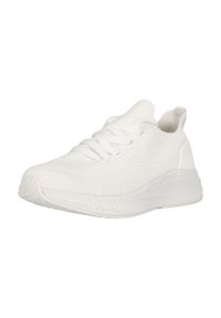 Valkoinen urheilujalkine, jossa on neulottu päällinen, litteät nauhat ja teksturoitu pohja. Includes rounded toes and a padded ankle for comfort.