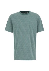 Kortærmet T-shirt i en dæmpet turkisblå farve med et tekstureret, stribet mønster. Har rund halsudskæring og standard pasform.